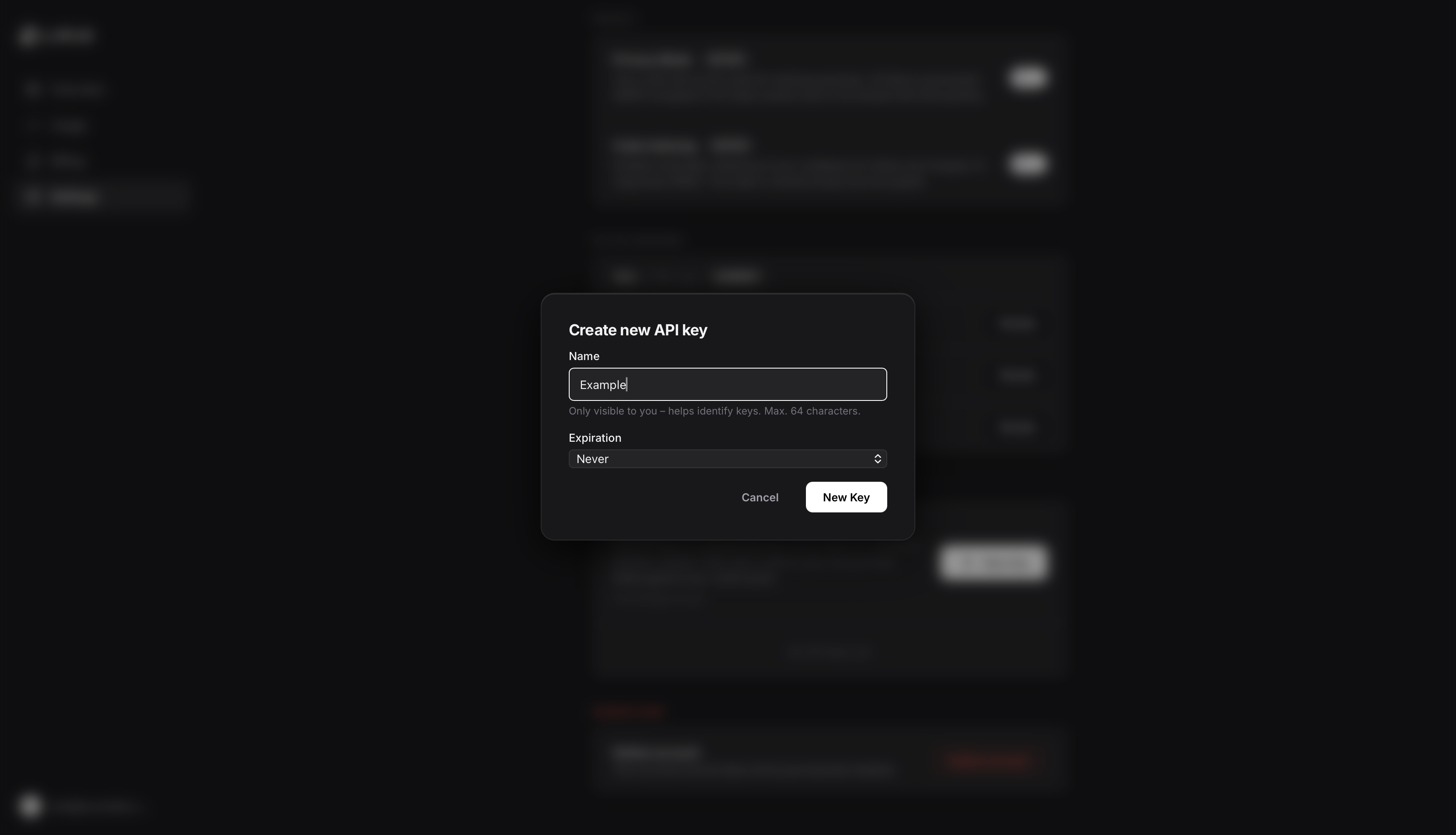 Lurus Code Dashboard — Create new API key dialog